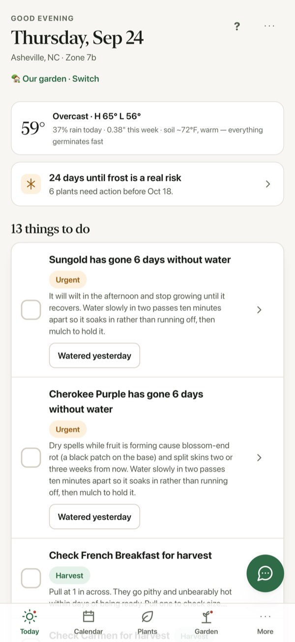 The Today screen: two tomatoes marked urgent after six days without water, and a countdown to first frost.